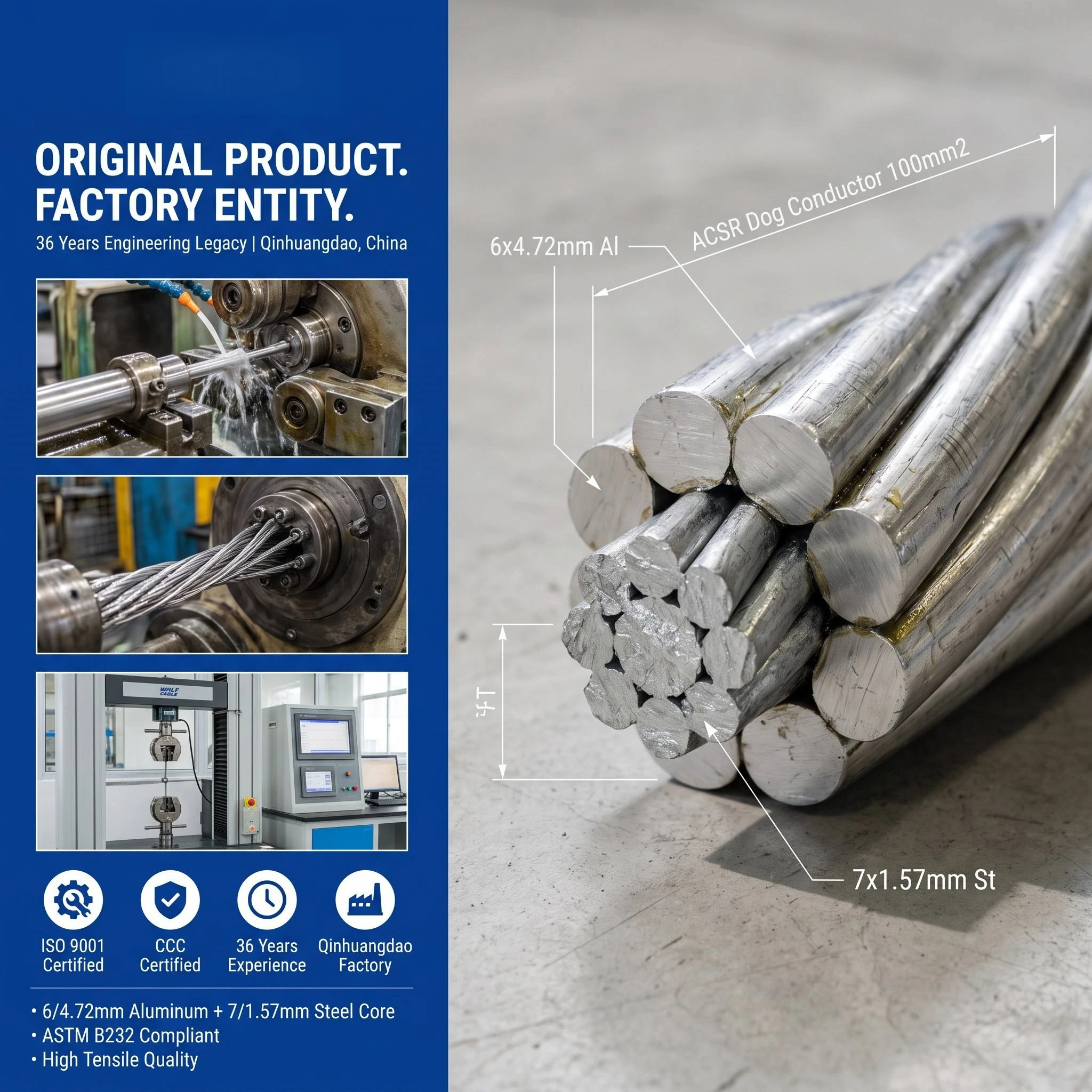 ACSR Dog Conductor 100mm2 13 Core 32.7kN Overhead Aluminium Power Transmission Cable BS215/2 Standard