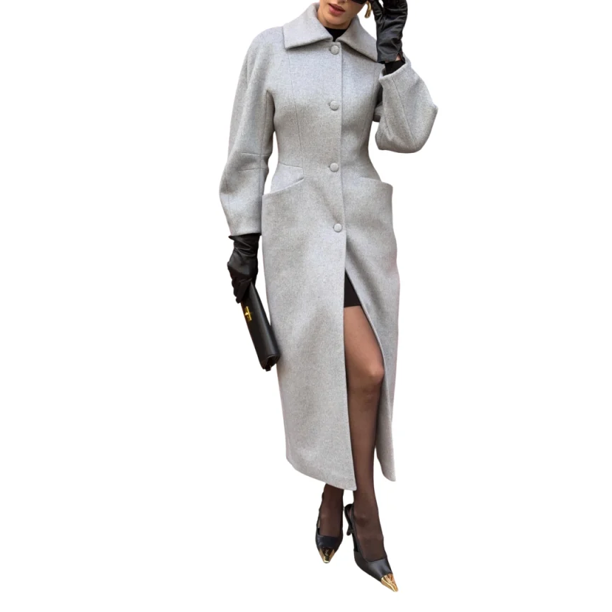 Chic Womens Overcoat Turn Down Collar Single Breasted Fitted Waist Long Cut Side Patch Soft Wool Fabric Social Events Customized