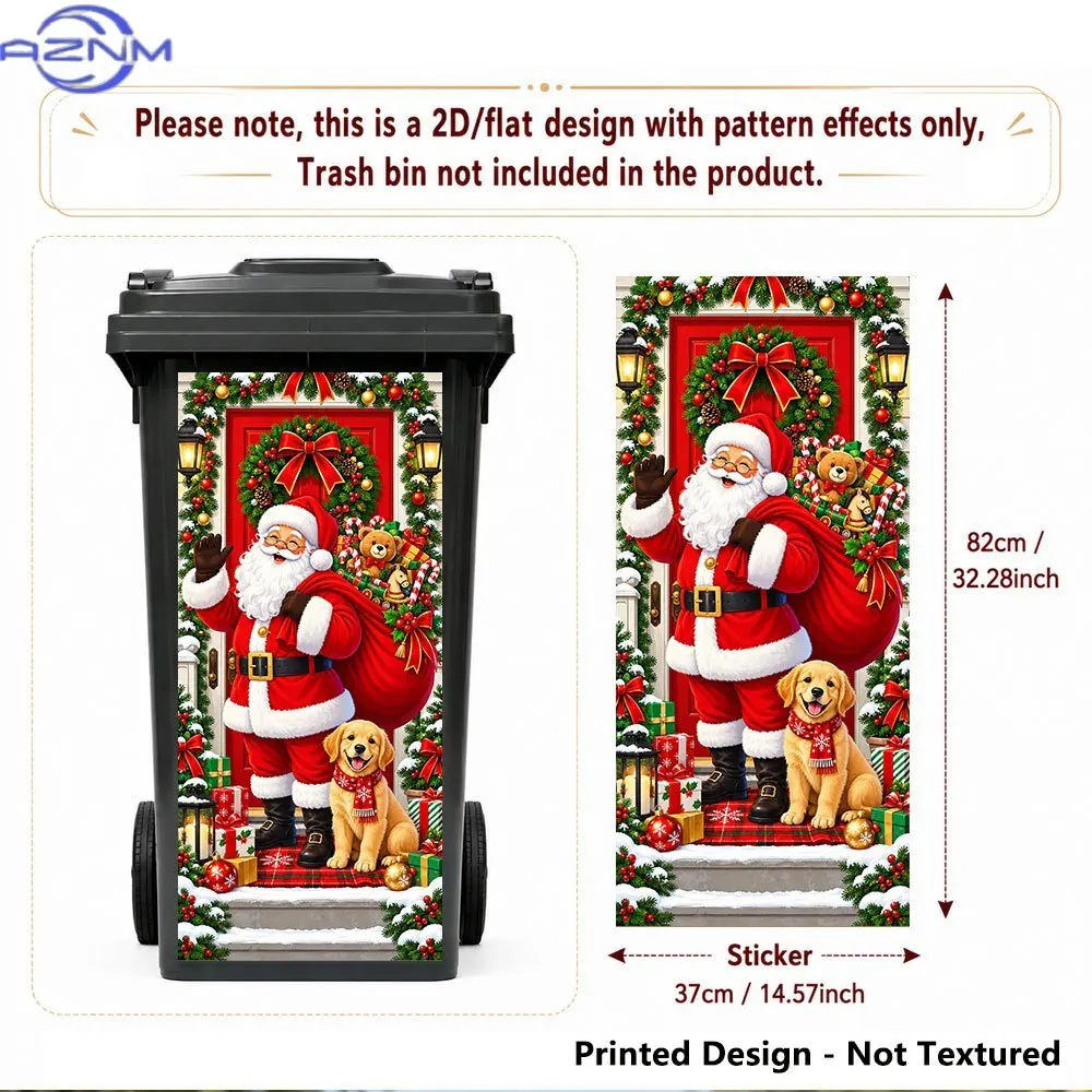 2D Flat, Santa Claus and Puppy Themed Two-Dimensional Printed Trash Can Sticker, Self-Adhesive Decorative Sticker, Suitable fo
