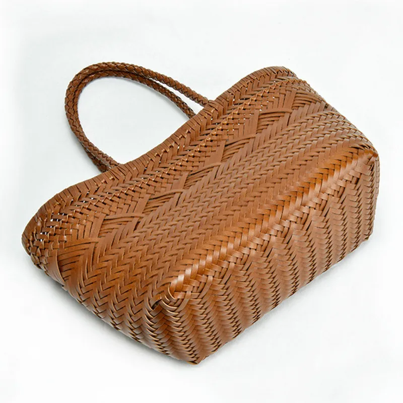 Manual Woven Genuine Leather Hand Bags Weave Tote Top Quality Women Basket Shopping Bags Hollow Beach Hobos bag