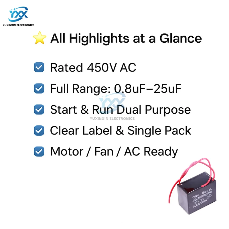 1PCS CBB61 커패시터 0.8uF ~ 25uF 450V AC 모터 팬 작동 시동 슈퍼 커패시터 콘덴서 (천장 선풍기, 에어컨, 펌프용)