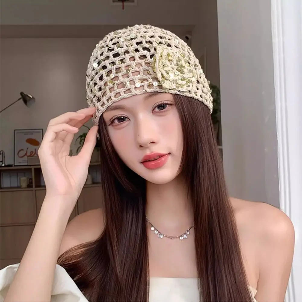 Elegant Hollowed Out Knitted Hat Thin Flower Bohemian Style Beanies Ethnic Style Solid Color Crochet Sequined Hat Pullover Hat