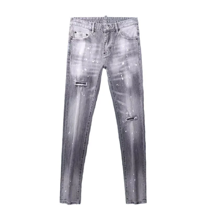 Fashion designer men's high-quality retro elastic slim fit corrugated jeans men's retro gray pants Hombre