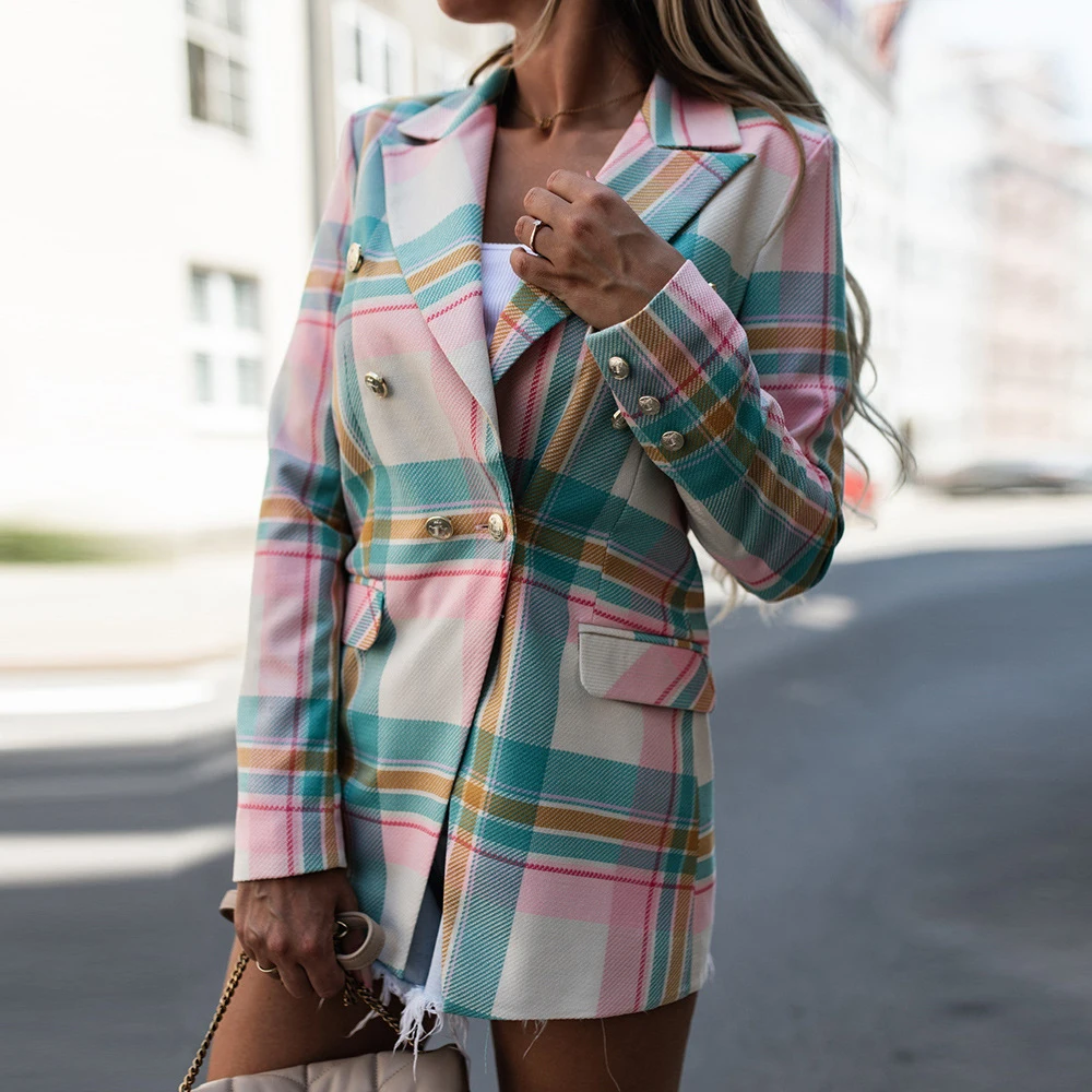 Casaco xadrez com bolsos para mulheres, casaco de manga comprida, moda coreana, casacos soltos para senhora do escritório, tops para primavera e