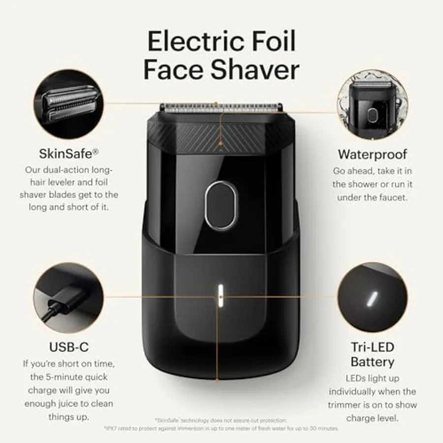 Compact Foil Face Shaver and 3.0 Plus Groin Body Ball Hair Trimmer for Men Portable Travel Grooming Solution with USBC Recharge