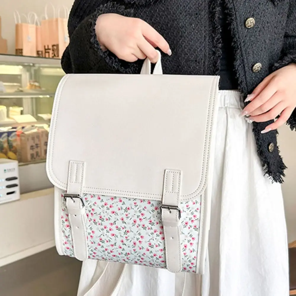 Handbag Fashion Flap Backpack Aesthetic College Style PU Leather Flip School Bag Zipper Versatile Flower School Bagpack Girl