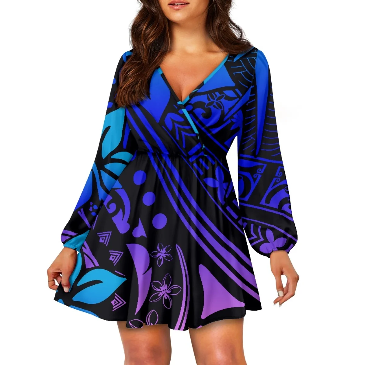 Teal polinésia design tribal vestido com decote em v samoa puletasi plus size vestido feminino com decote em v estilo ilha personalizado