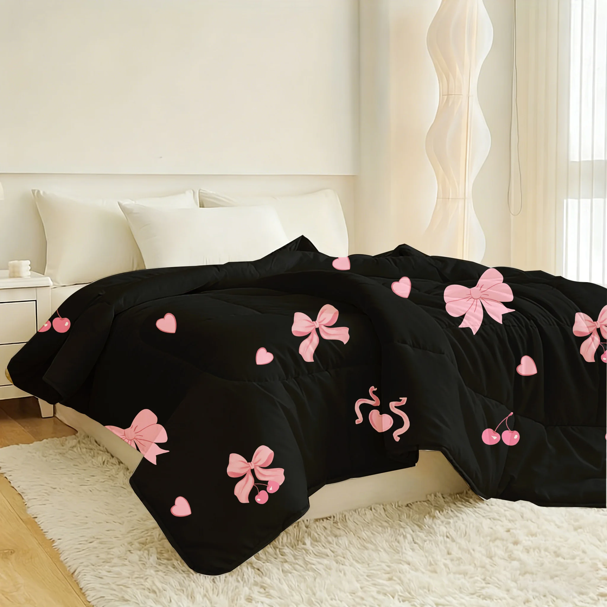 1pc Black & Pink Sweet Cool Bow Cherry Quilt Core (Single piece set, includes1quilt core only, no pillowcases or pillow inserts）