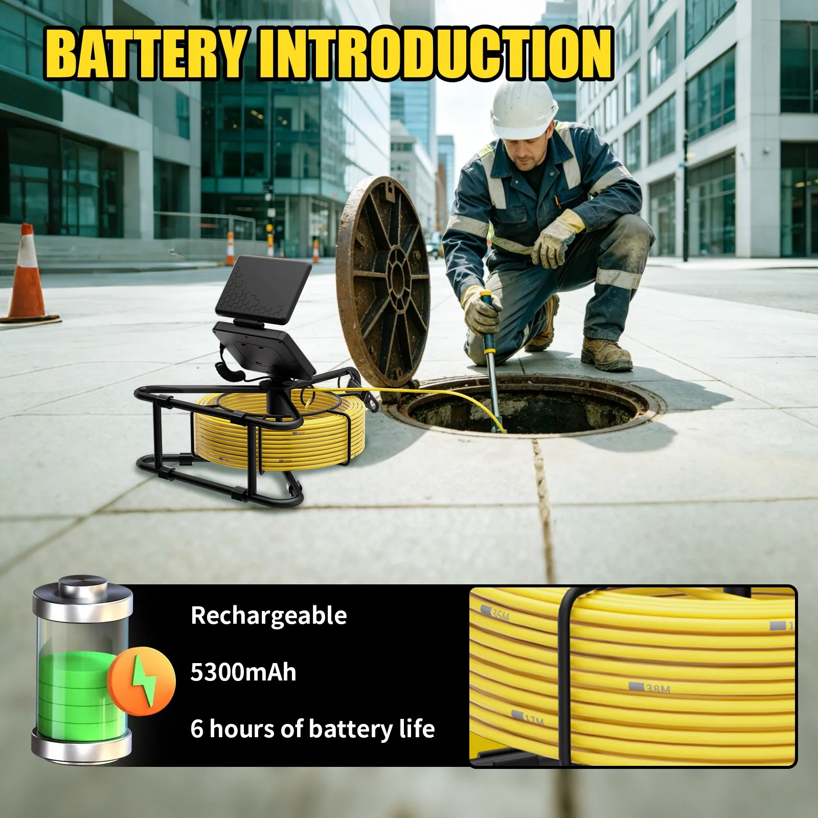 Sewer Camera, IP68 Waterproof Pipe Endoscope Camera with 5300MAH Battery, Plumber Borescope Inspection with Flex Cable 20/30/50M