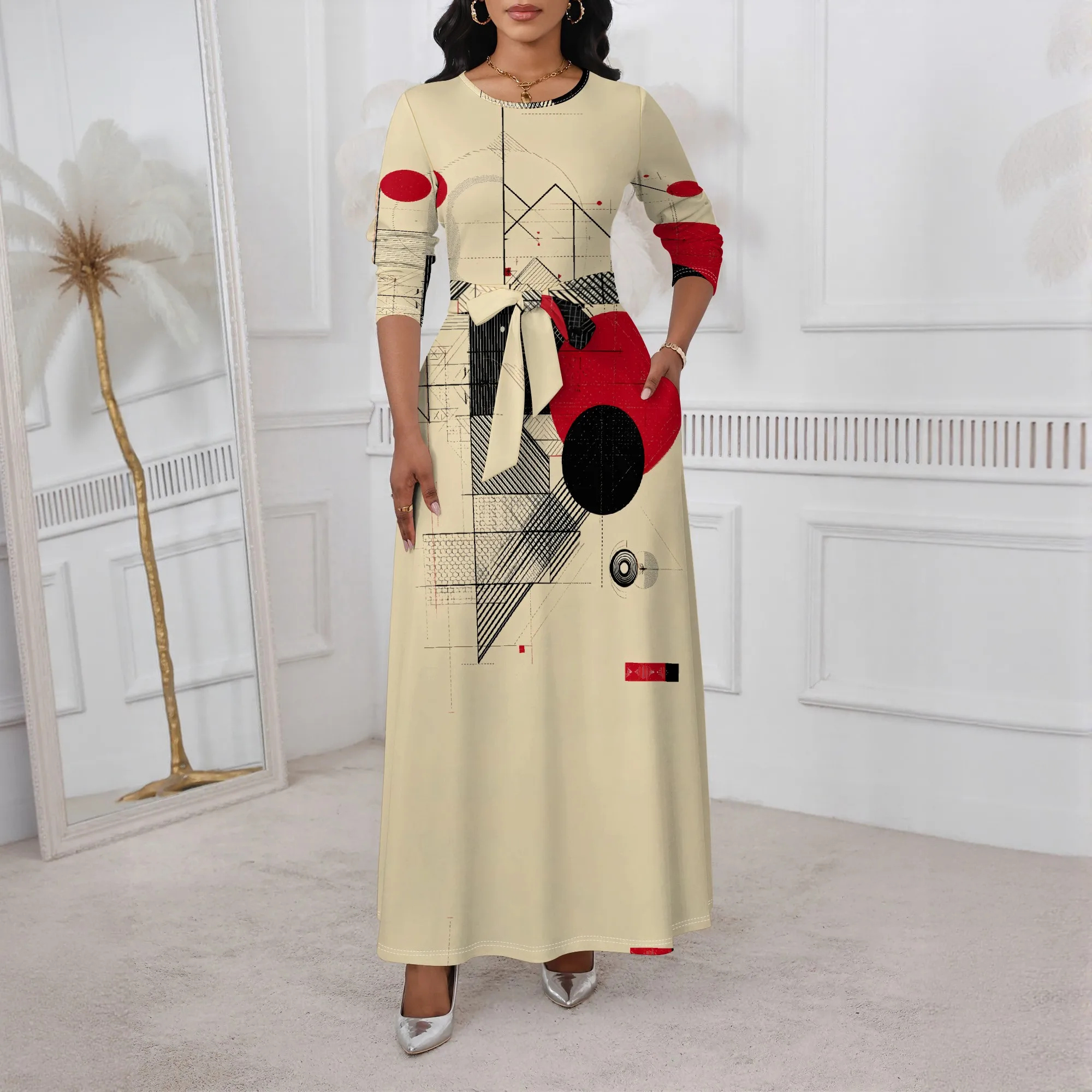 

Red & Black Geometric Maxi Belted Dress XS-3XL Long Sleeve Style for Art Exhibit, Gallery Dinner or Modern Creative Look