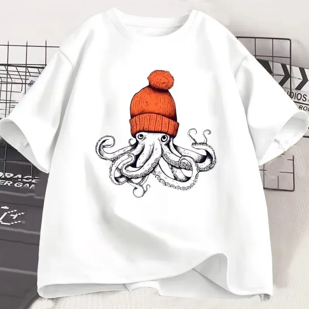 Octopus Orange Beanie T-shirt Japanese Style Graphic Tees Casual Short Sleeve Round Neck Tshirts Unisex Clothes