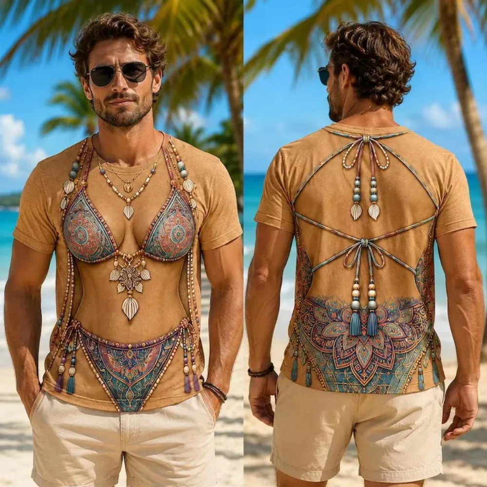 Men Funny 3D Printed Bohemian Bikini Bead Tassel Print Long Sleeve T-Shirt Breathable and Quick-drying Outdoor Leisure Party Top