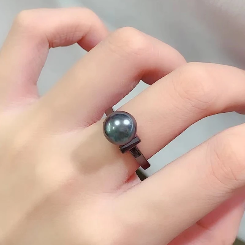 

MeiBaPJ 9-9.5mm Natural Round Black Freshwater Pearl Fashion Simple Ring 925 Sterling Silver Fine Wedding Jewelry for Women