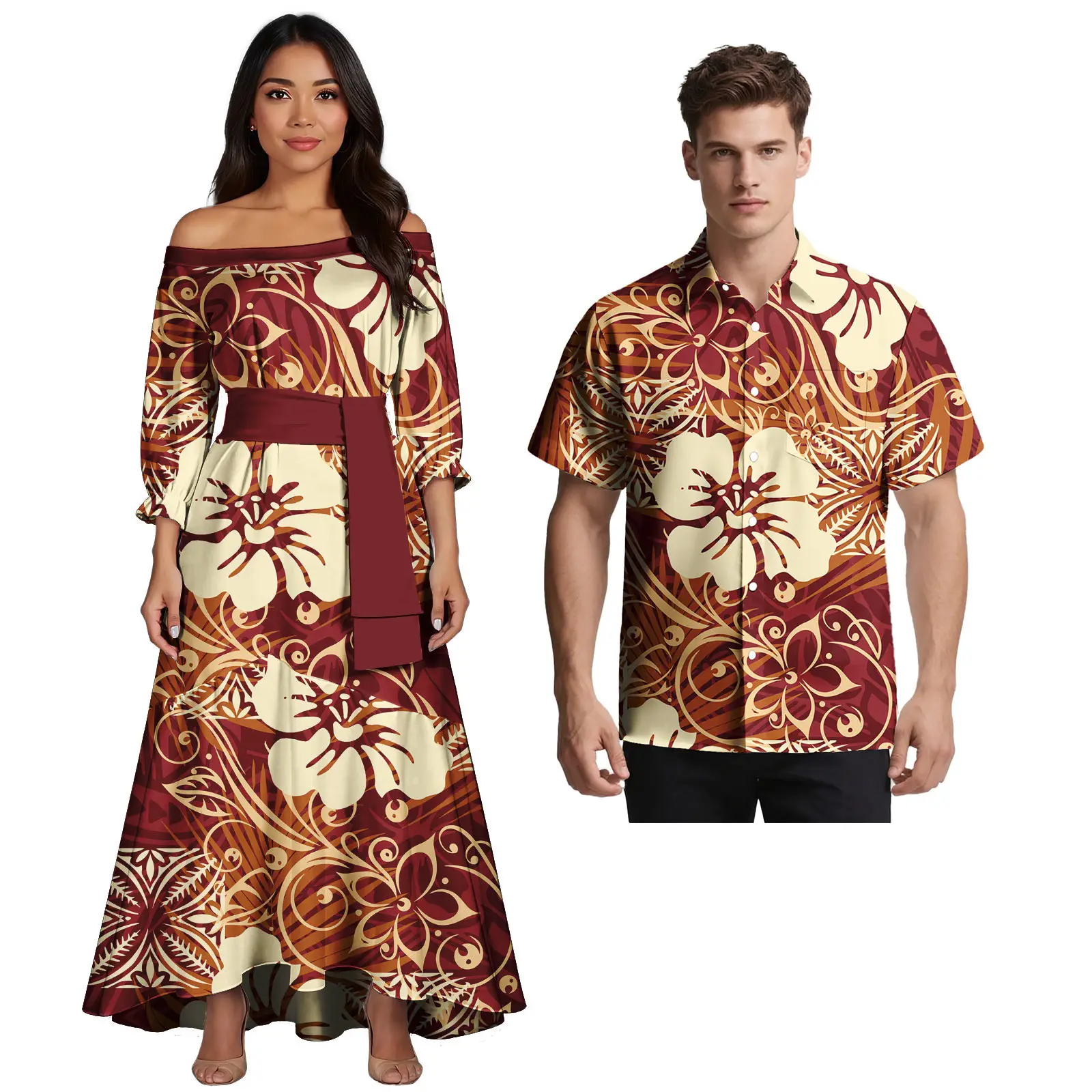 Prom Couple Suits Women Slim Sexy Dress Polynesian Pattern Matching Short Sleeve Men's Hawaii Shirt Plus Size Wholesale