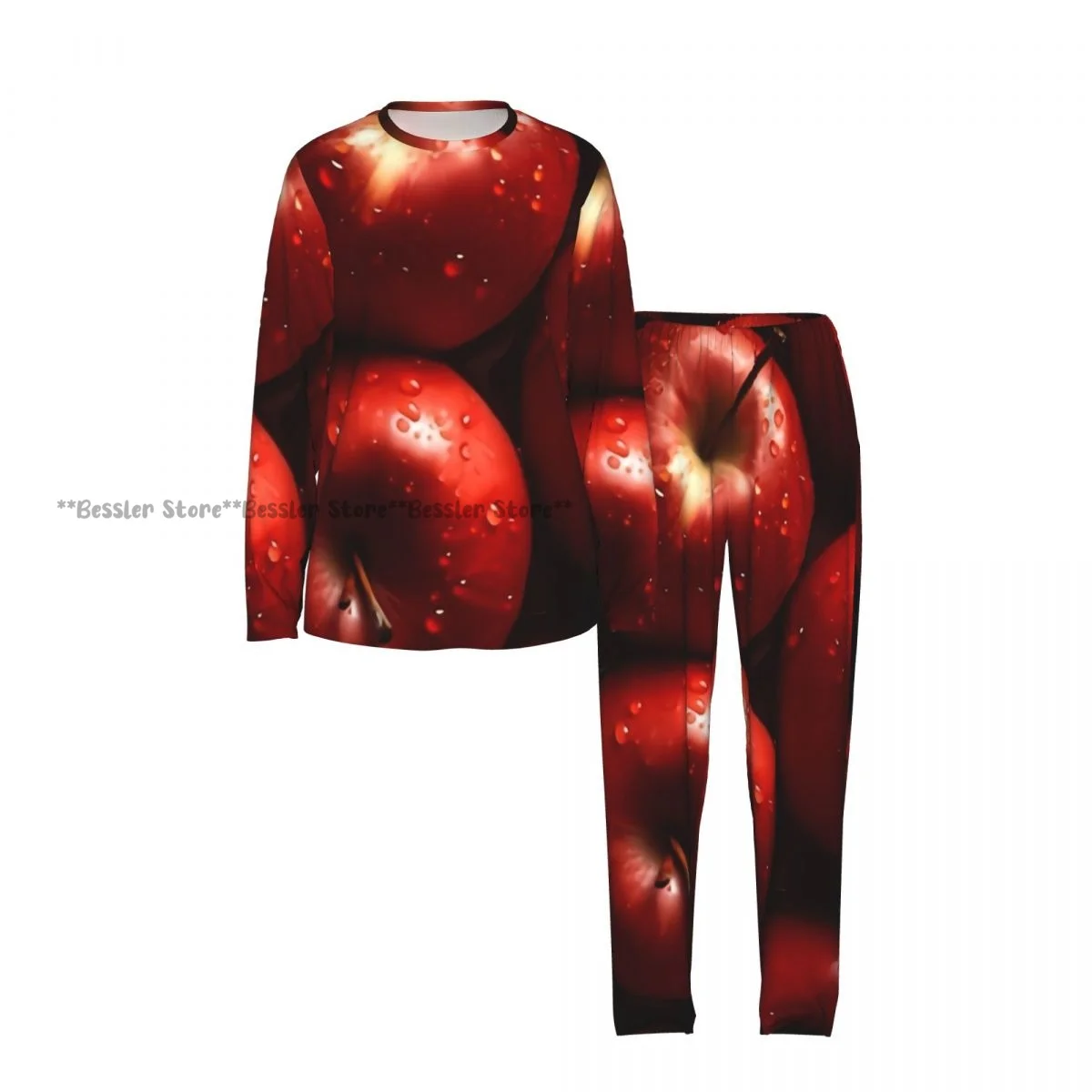 2 Piece Women Round Neck Pajamas Set Long Sleeve Long Pants Fresh Red Apples Glistering With Water Droplet Homewear Sleepwear