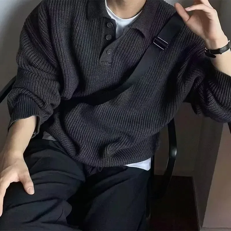 قميص بولو محبوك بأكمام طويلة للرجال فضفاض ملابس خارجية شتوية غير رسمية نمط كسول سترة رجالية عصرية للخريف والشتاء #1