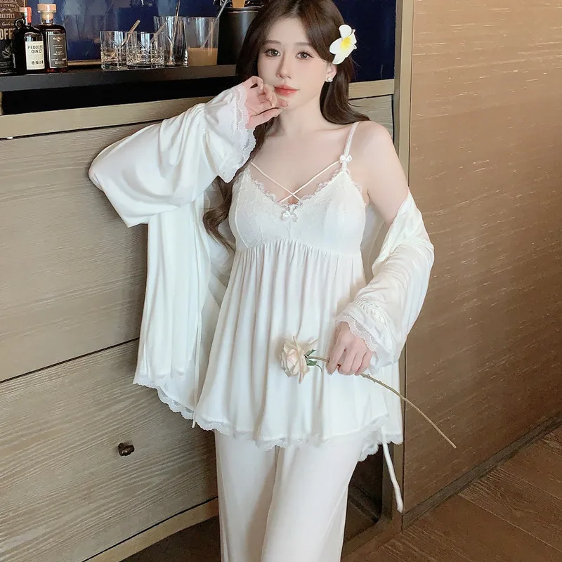 

White Summer Modal Pajamas Suit Bride Kimono Bathrobe Pijamas Set Three Piece Satin Home Clothes Sleepwear