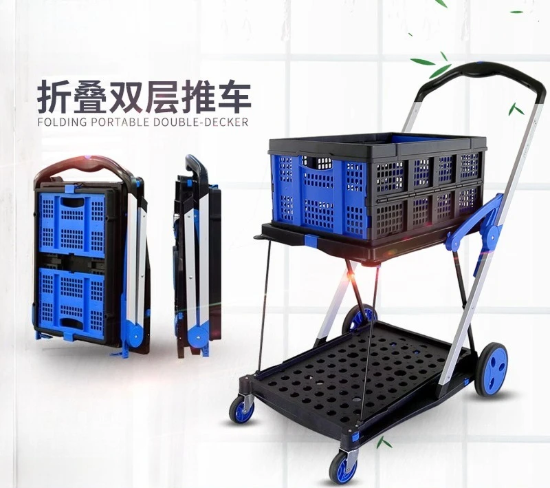 For Utility Cart Multi Use Functional Collapsible Shopping Carts 2-Tier Collapsible Shopping Cart with Baskets Carritor