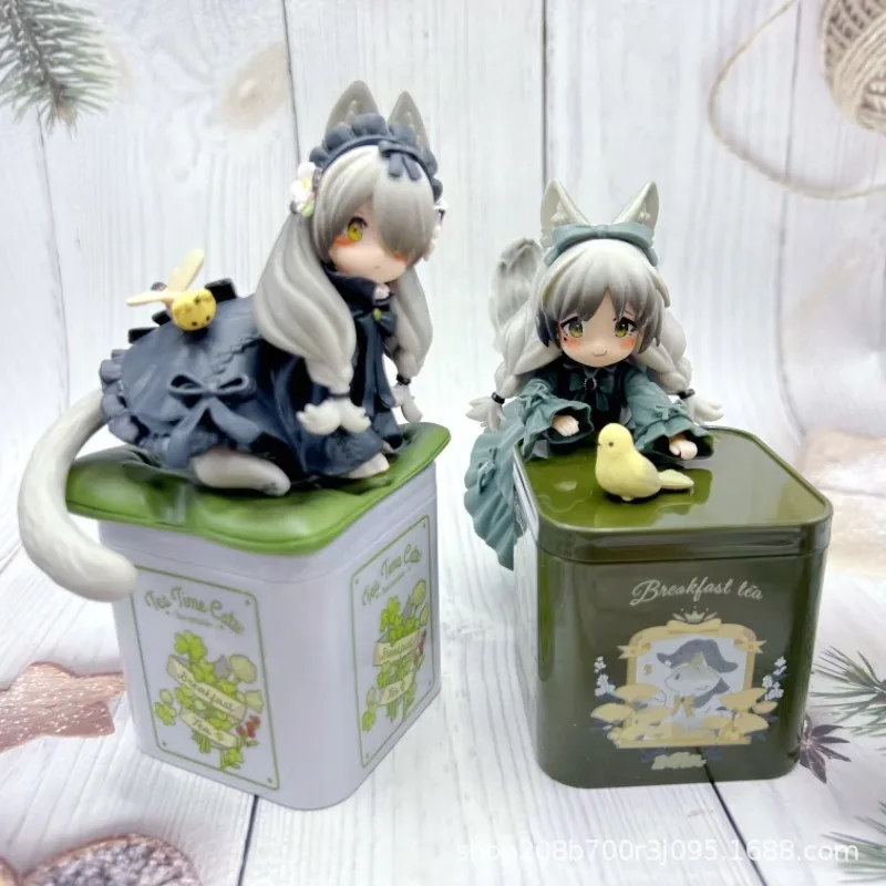 Tea box Cats Figures Anime Teapot Lolita Doll Cute Felinae Sculpture Ribose Statue Desk Figurines Decoration Livingroom Ornament