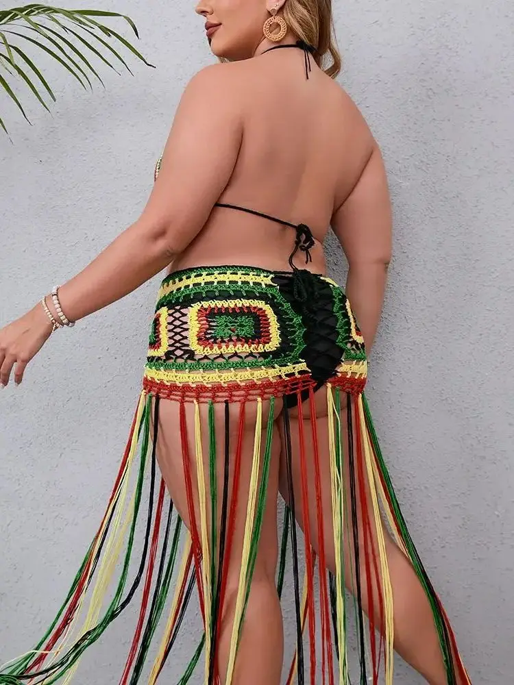 Plus Size Super Long Tassel Summer Dress Maxi Frnge Bathing Suit Beach Outfits Crochet Cover-Ups Beachwear Female Long Dress