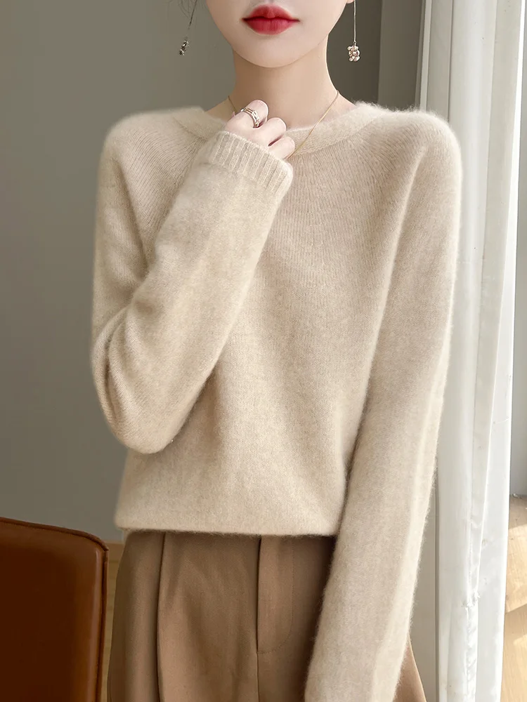 New Women's Top Merino Wool Crew Neck Knit Sweater Solid Color Soft Long-Sleeve Pullover Warm Knit Pullover 3
