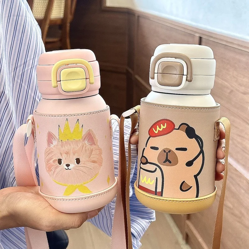 New Cute Children Vacuum Insulated Water Bottle With Cover Anti Drop Straw Cup Dual Use Thermos Mug Gift Wholesale Kids School