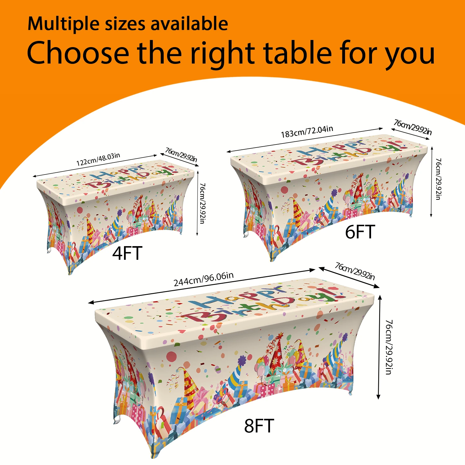 1PC Happy Birthday Party Elastic Tablecloth, 4/6/8FT Summer Outdoor Stretchable Table Cover with Colorful Confe