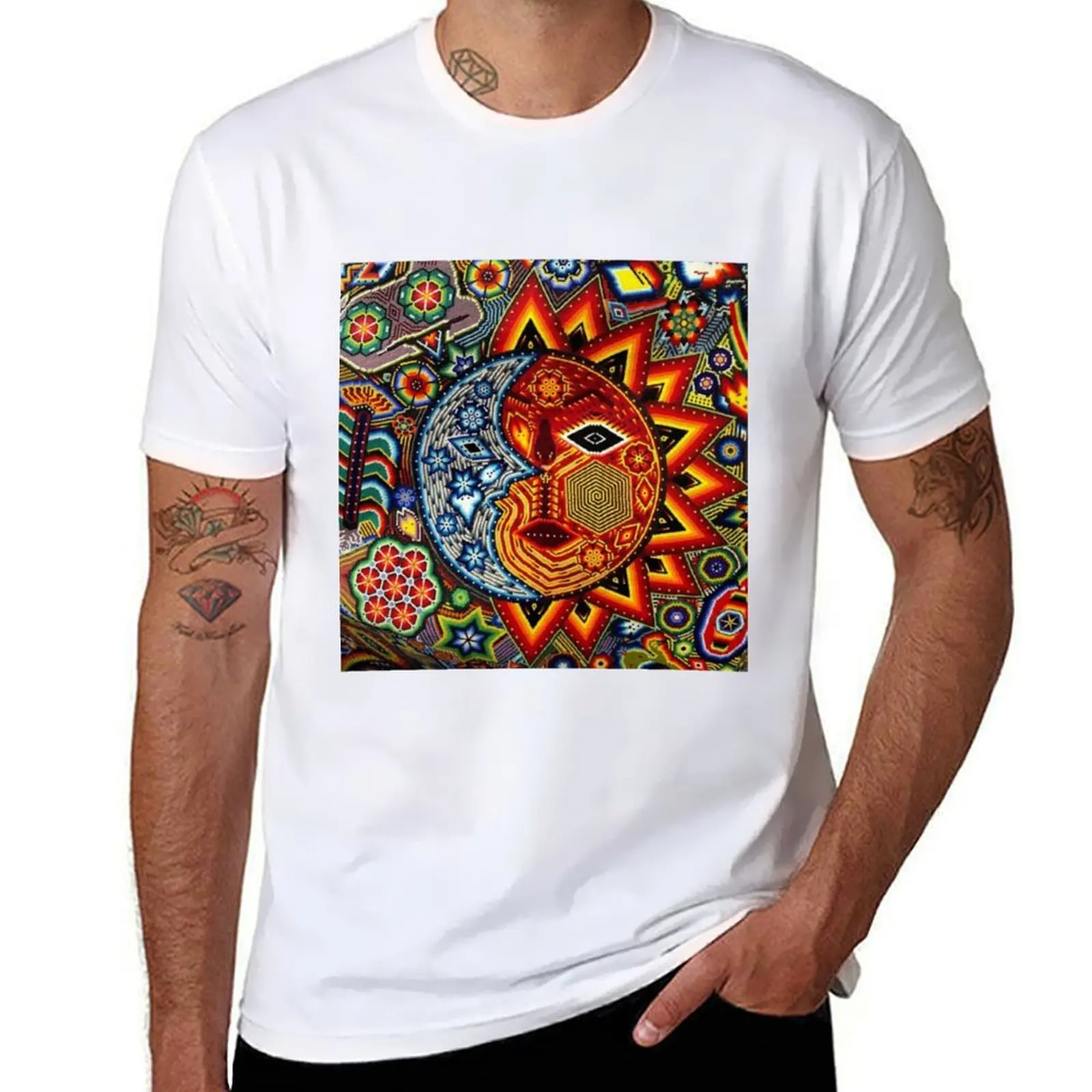 

Sun art huichol mexican T-Shirt t shirts for man cotton soft men t shirt cotton 100% T-Shirt
