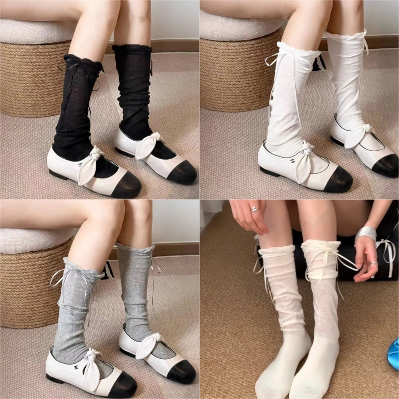

Женские летние тонкие однотонные носки до середины икры в стиле балета с бантом и лентой в корейском стиле, милые носки до середины икры в стиле Лолиты с рюшами по краям JK