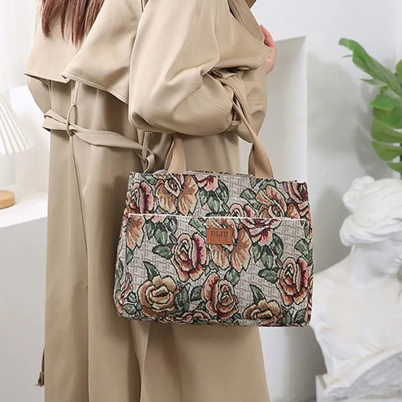 

Retro handbag tote, floral oil painting style, carry-on lunch box storage bag for work, large-capacity outing mommy bag