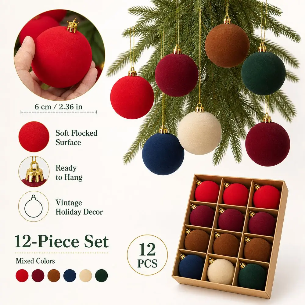 12pcs 6cm Christmas Ball Ornaments Vintage Style Gold Hanging Caps Christmas Tree Baubles Round Shape