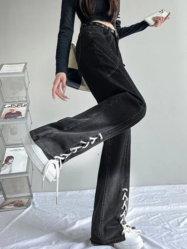 

Джинсы унисекс больших размеров 300 Pou American Sle Slit из денима, ретро, с широкими штанинами, весенний дизайн, с поясом, расклешенные, в стиле High Street