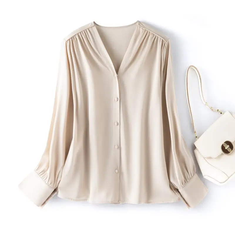

93% Mulberry Silk 7% Spandex Women Long Sleeve Shirt Champange Color V Neck Buttons Down Long Sleeve Top Blouse M L XL FF059