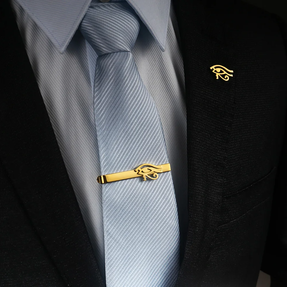 Tangula Stainless Steel Eye of Horus Brooch & Tie Clip Elegant Groom Suit Accessories Best Man Gift Fashion Wedding Jewelry Sets