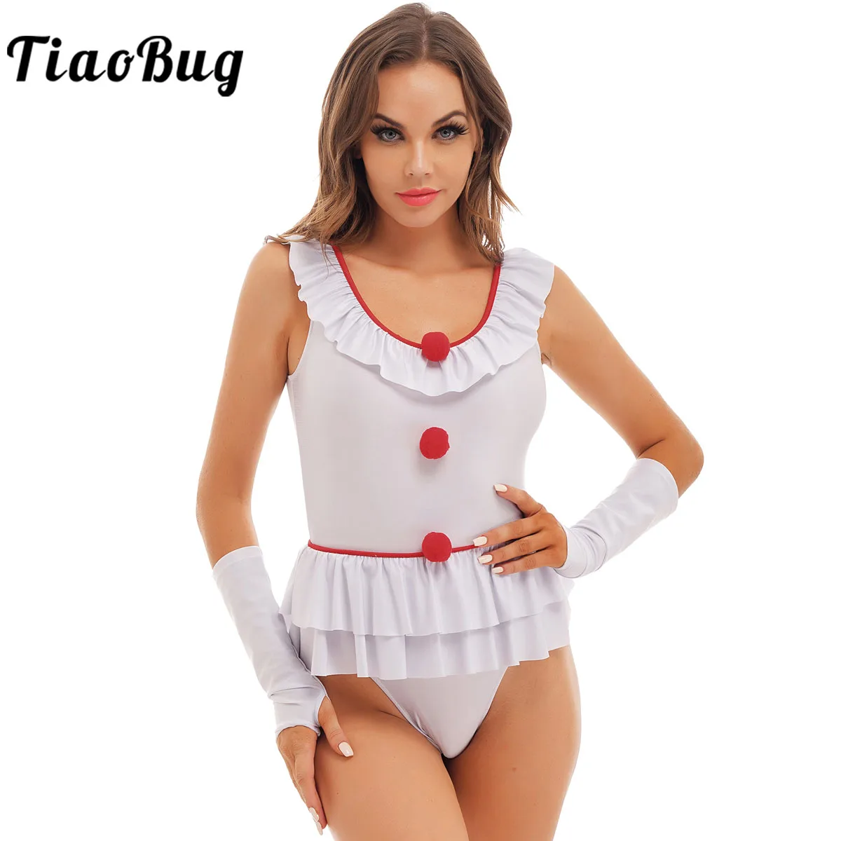 

Halloween Clown Costume Womens Naughty Joker Circus Bodysuit Clothes Carnival Fancy Dress Up Skirted Leotard with Neckwear Set