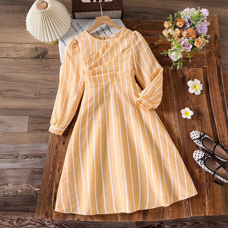 Kids 8-12 Fall Striped Dress, Round Neck Back Keyhole Detail Cuffed Sleeve Light Fabric Daily Girls Flared Midi Outfit