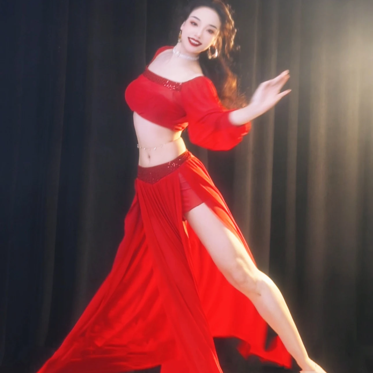 مجموعة أداء الرقص الشرقي بلوزة بأكمام طويلة مطرزة + تنورة طويلة مثيرة 2 قطعة ملابس ممارسة الرقص الشرقي للسيدات البالغات