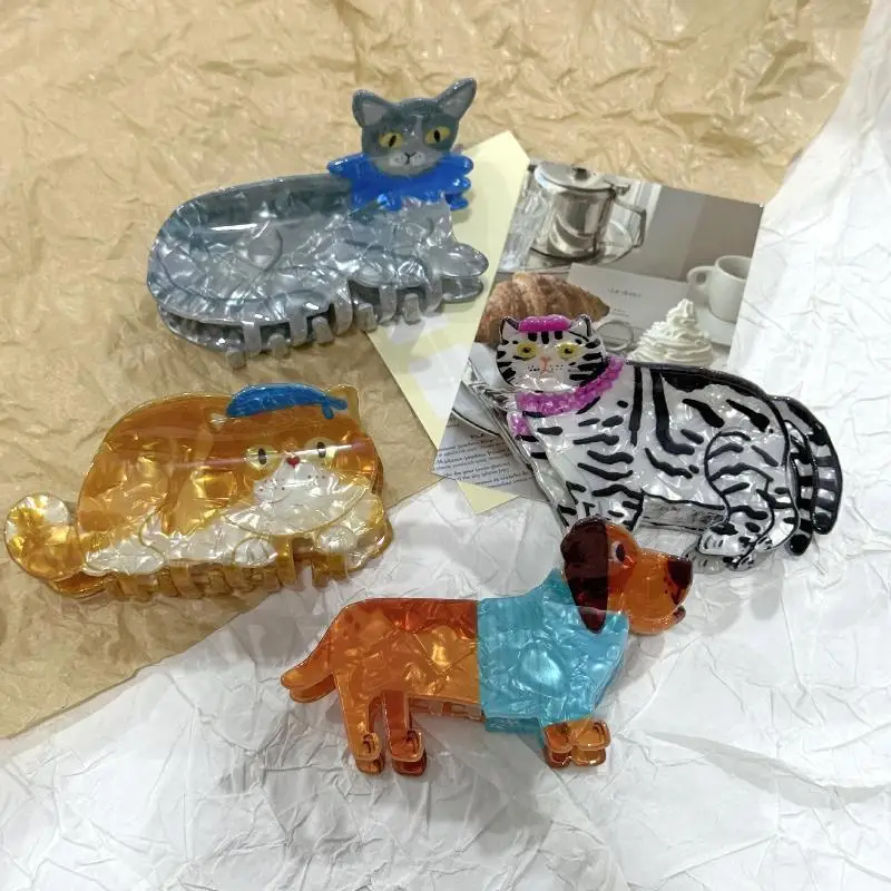 1 Stück Niedliche Cartoon-Acryl-Haarspange mit Hund-, Katzen- und Hai-Motiv für Frauen, Trendige Geometrische Haarspangen, Haarnadeln, Haaraccessoires, Geschenke – Detail 2