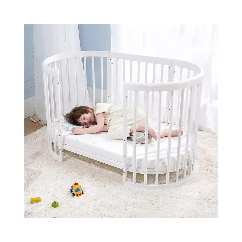 European White Multifunctional Pine Children's Bed Modern Oval Shaped Newborn Baby Crib Large Movable Splicing Bedroom