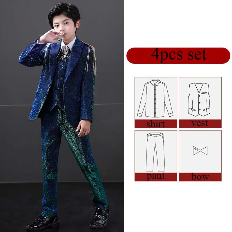 Children Boys Formal Suit Host Banquet Suit Outfit For Teens Boy Elegant Sequin Kid Boy Suit 4-14Y Boy Blazer Shirt Pant Costume