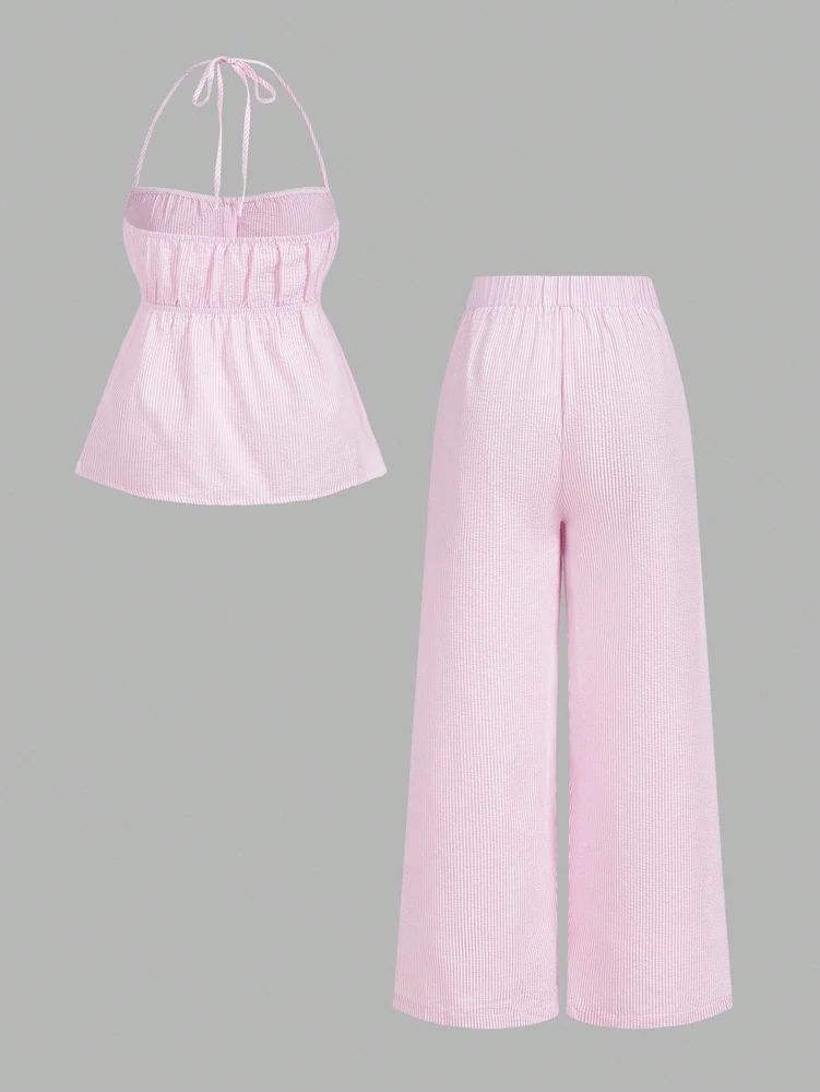 بلوزة نسائية بمقاس كبير على شكل مروحة عصرية ذات نسيج متجعد ومخطط ورقبة على شكل ربطة عنق وبنطلون فضفاض غير رسمي طقم مكون من قطعتين لـ