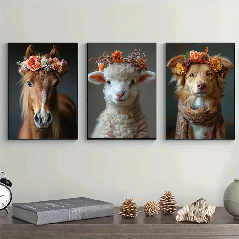 1pc frameless Canvas Painting Baby Animals Bunny Goat Pig Dog Horse Sheep Flower Crown Canvas Posters and Prints Wall Art Pictur