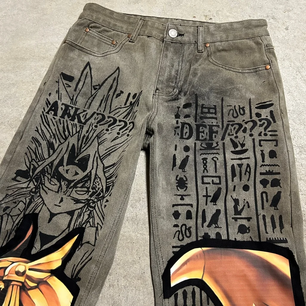 Pantalones vaqueros holgados de pierna ancha con estampado de dragón alado para hombre, ropa de calle popular de anime, Harajuku, y2k