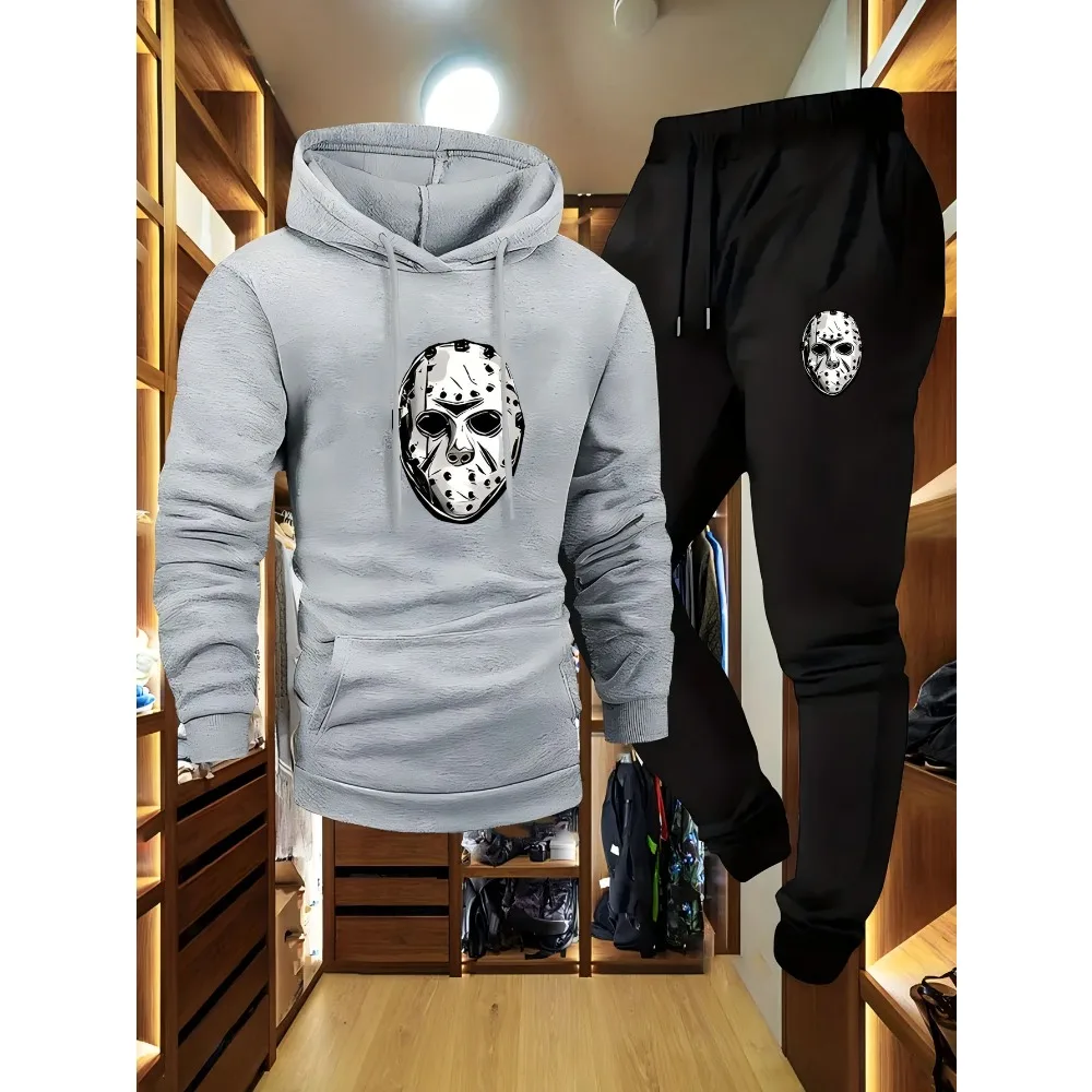 طقم هوديي كاجوال للرجال بطباعة قناع وسروال مطاطي، مناسب للأنشطة الخارجية للخريف/الشتاء