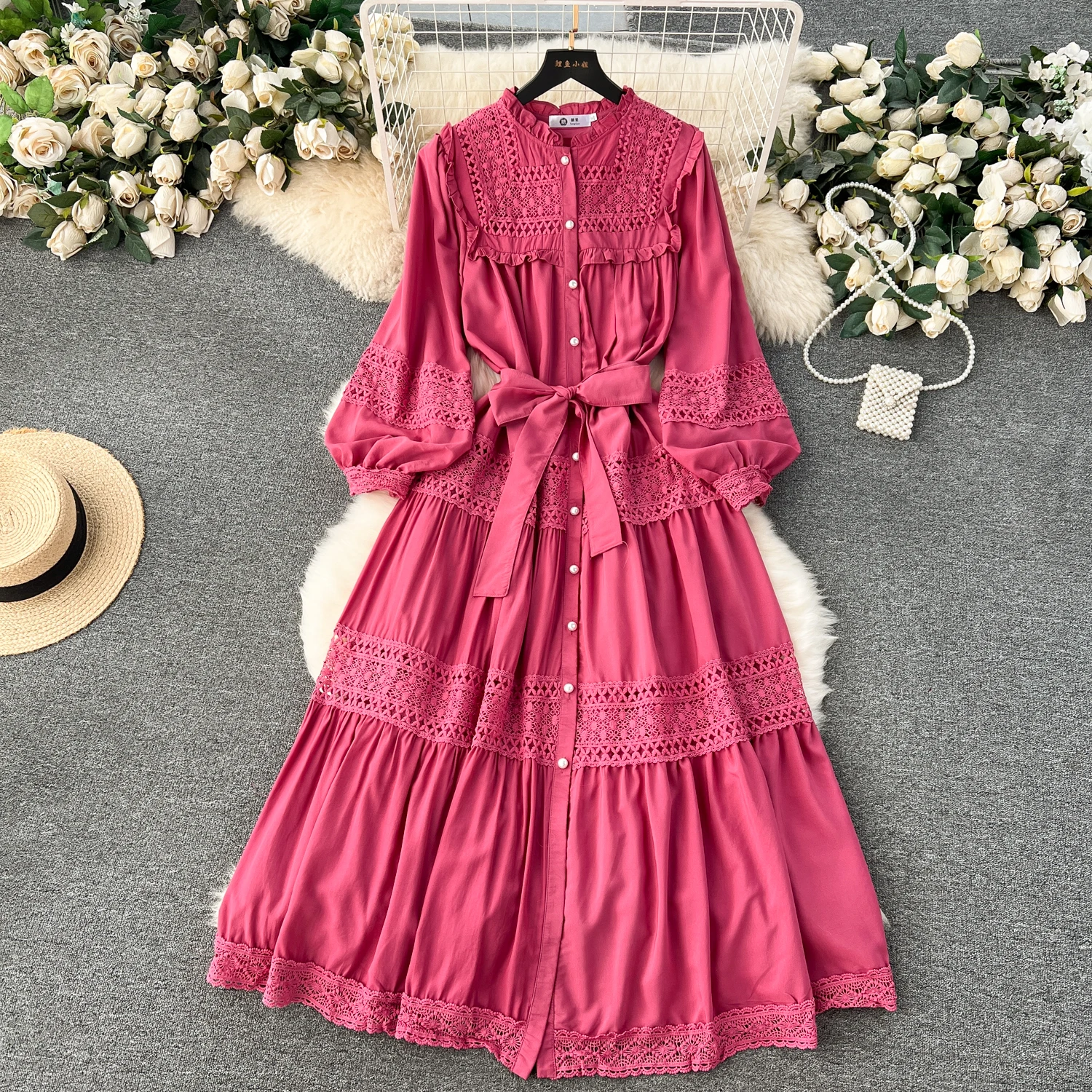 French Vintage lool Sleeve Lace cut out PATCHWORK Dress A-line Chic Casual Beach Vacation Women Summer puff sleeve Dresses