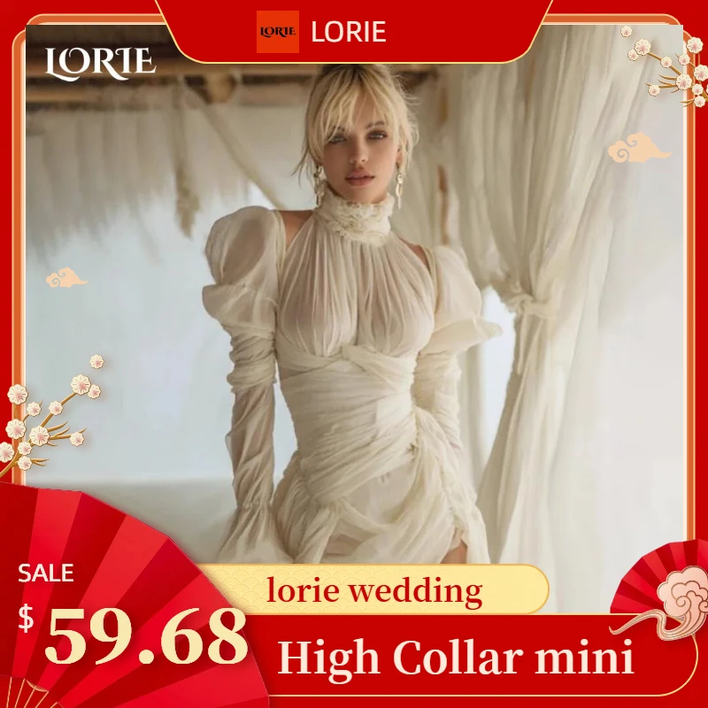 

LORIE Vintage Puff Short Wedding Dress High Collar A-Line Tulle Mini Bridal Gown Princess Pleats Bride Party dresses Customized
