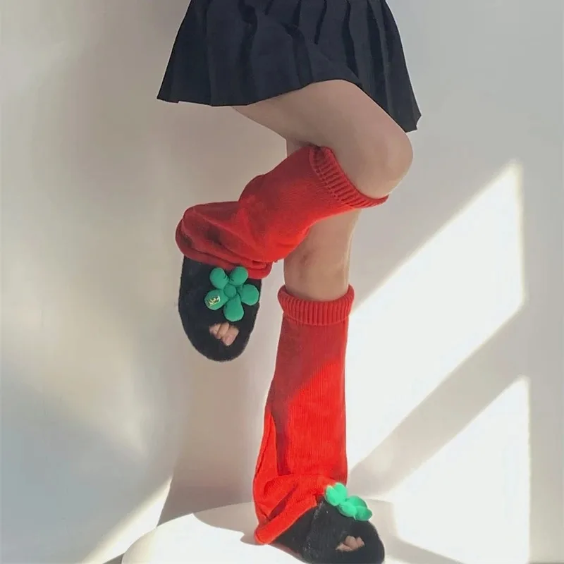 المرأة الأحمر تدفئة الساق طويلة محبوك غطاء للقدم موضة الشتاء طماق الجوارب اليابانية Y2K التمهيد الأصفاد تأثيري اكسسوارات