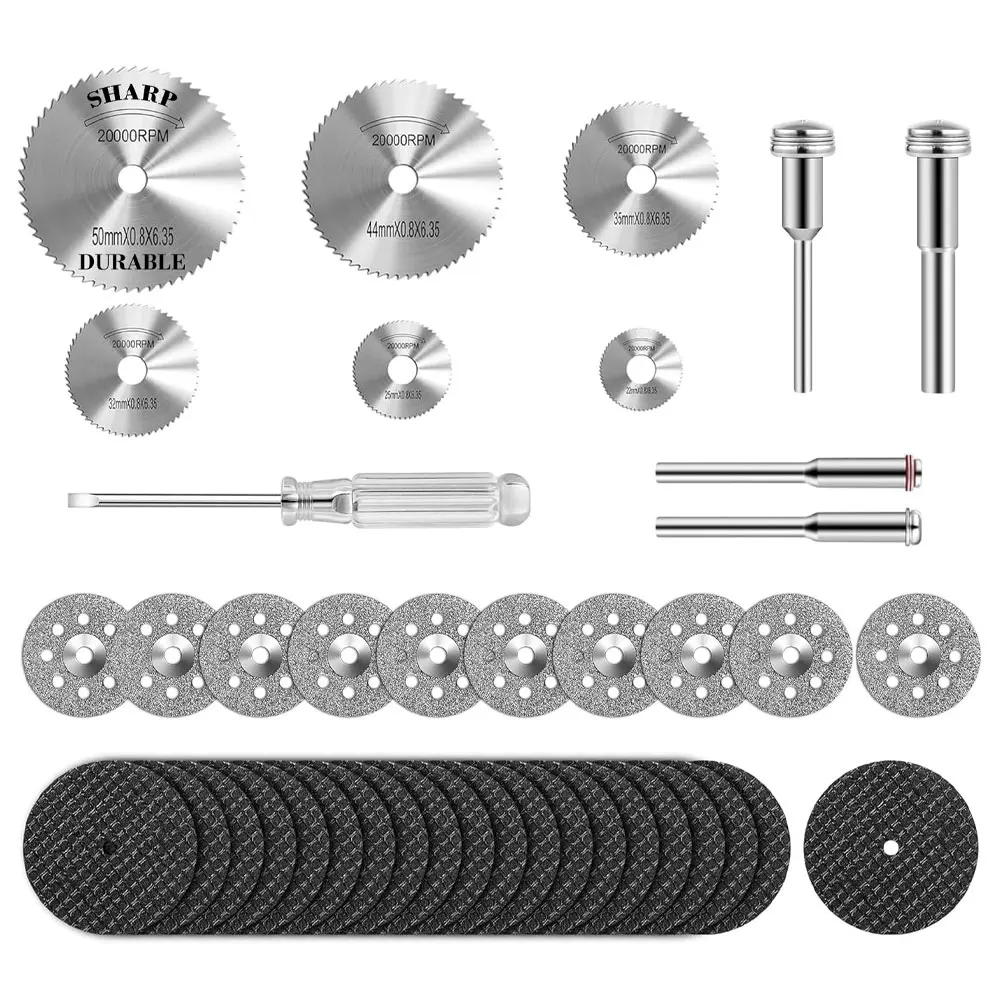 

41-piece rotary cutting wheel tool set, mini diamond cutting wheels, circular saw blades, and resin cutting wheels.