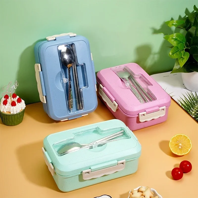 Lunch Box Plastic Compartment Portable Lunchbox Students Office Bento Box Microwave Food Containers with Chopsticks and Spoon