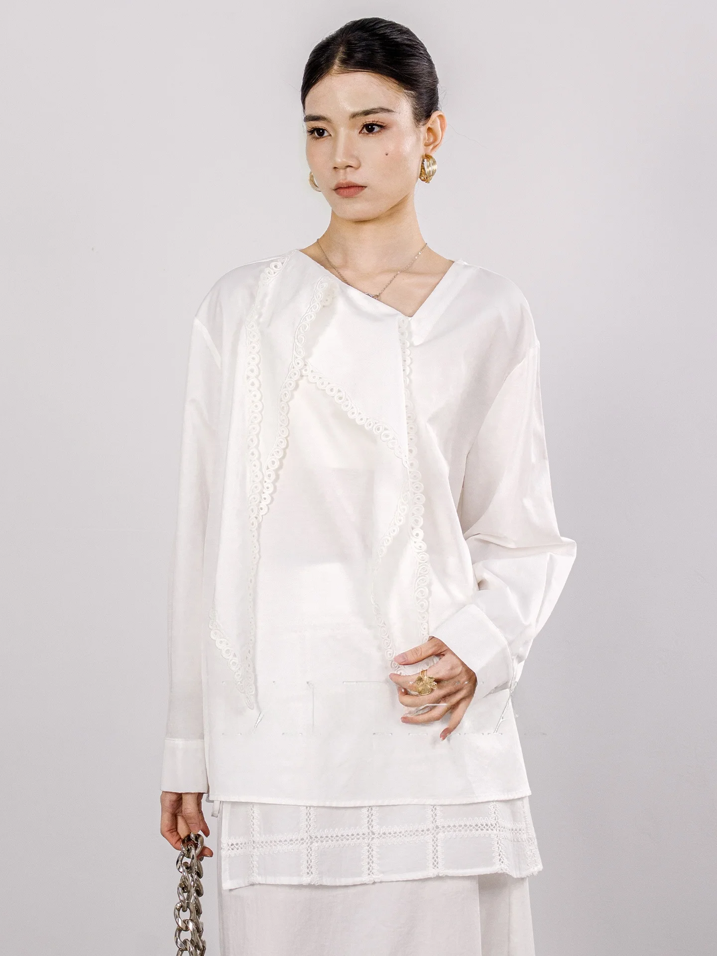 

DianThia Minimalist Style Women's Shirt with Lace-Up Design Asymmetrical Waist-Cinching Long Sleeve Linen Top